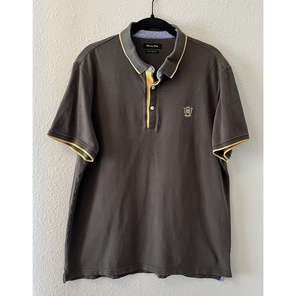 Massimo Dutti Mens Polo Shirt Size XL Brown Yellow Details Short Sleeve Cotton